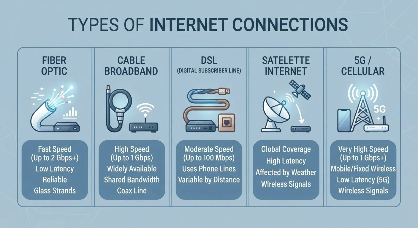 Internet Service Types Explained: Fiber, Cable, DSL, Satellite, and Fixed Wireless